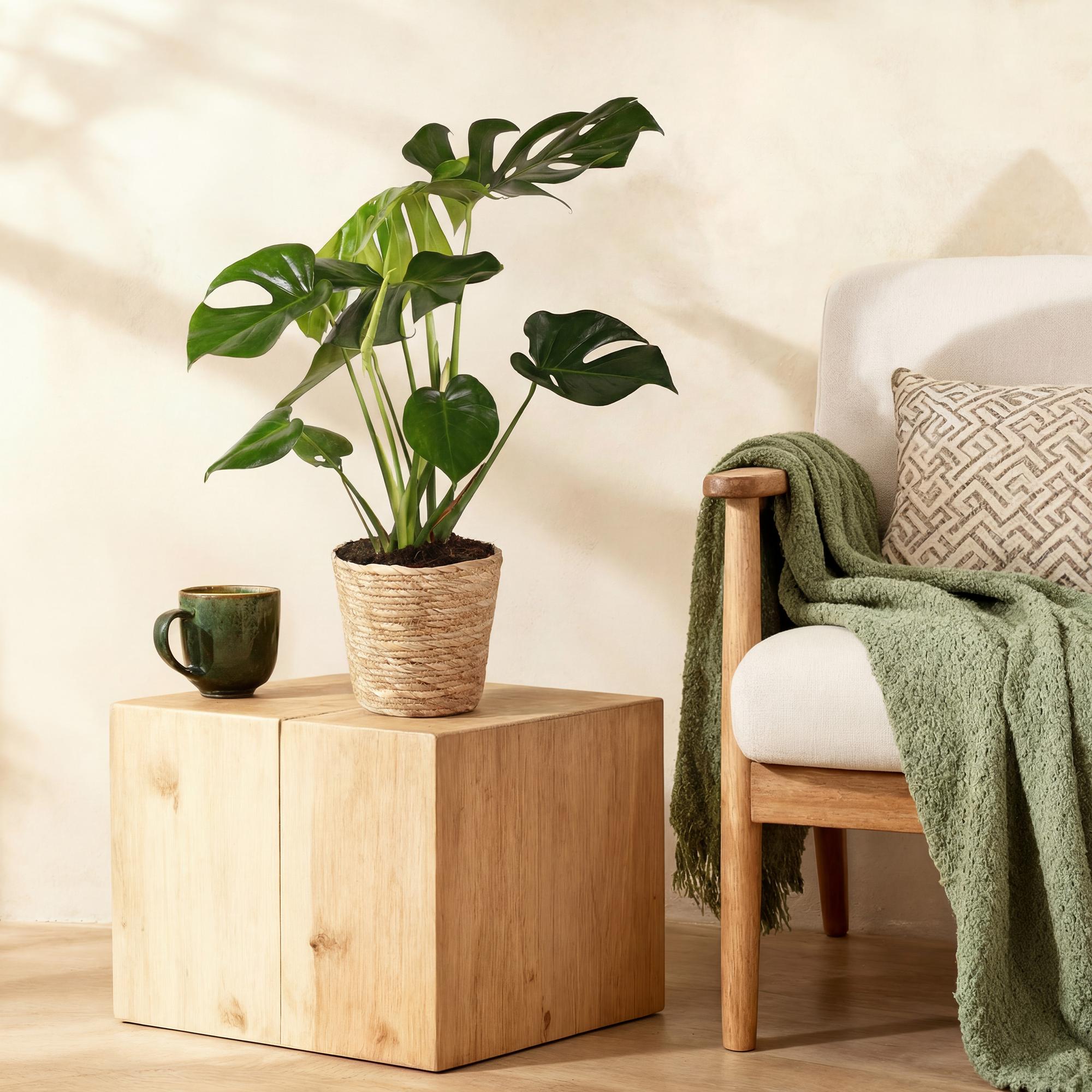 Green is... Kamerplanten - Monstera Deliciosa - Gatenplant - Weinig onderhoud - met mand - Groen - 1 Plant - Pot 17cm - Hoogte 50-55cm