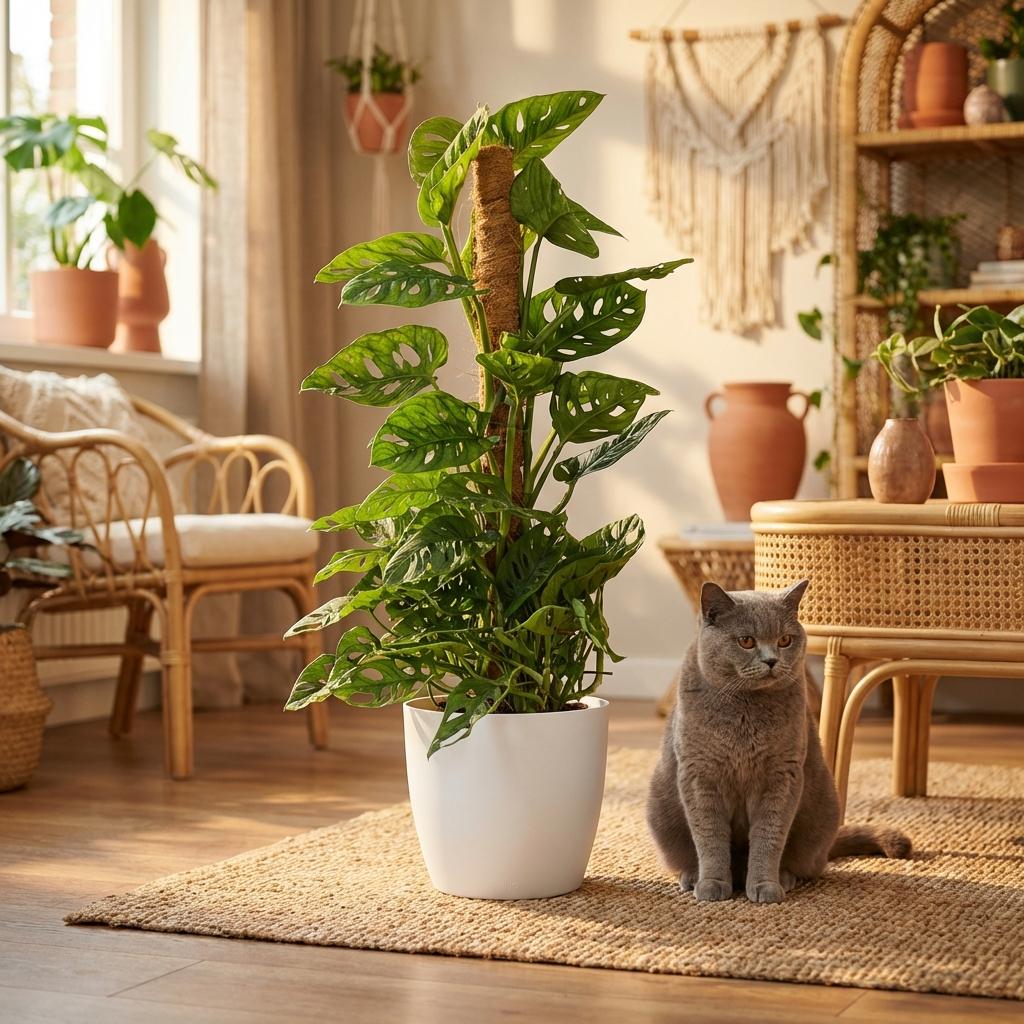 Kamerplant - Monkey Mask - Monstera Andansonii Mosstok - Groen - Weinig onderhoud - 1 Plant - met Potter Wit - Pot 19cm - Hoogte 90cm