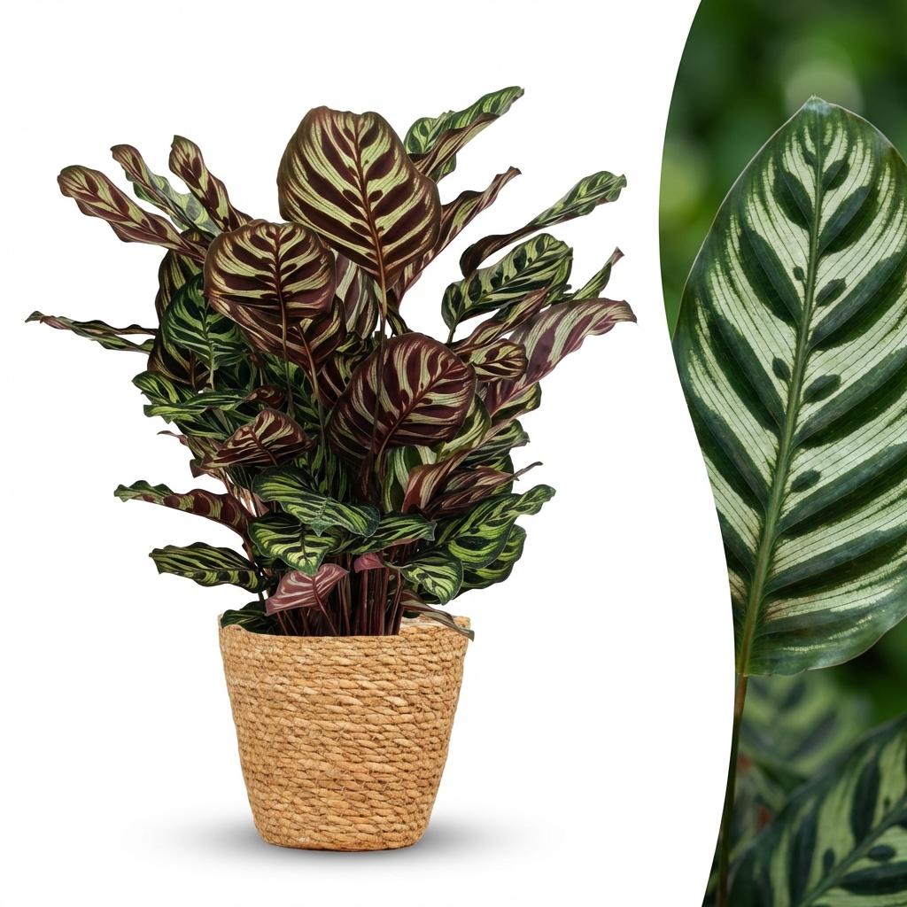 Kamerplant - Pauwenplant - Calathea Makoyana - Groen - Weinig onderhoud - 1 Plant - met Mand - Pot 19cm - Hoogte 70cm