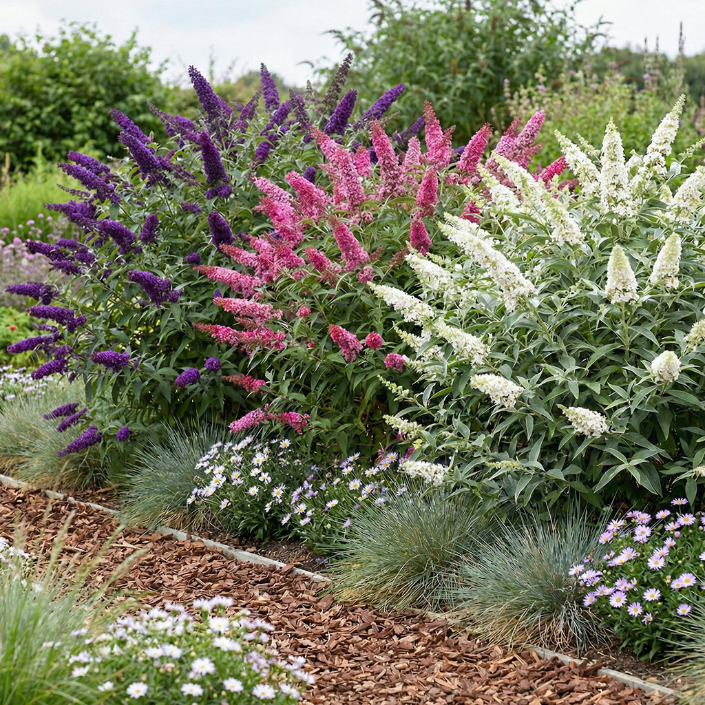 Tuinplant - Buddleja davidii Tricolour - Vlinderstruik - Winterhard - Blauw - Roze - Wit - 3 Planten - Pot 17cm - Hoogte 45cm