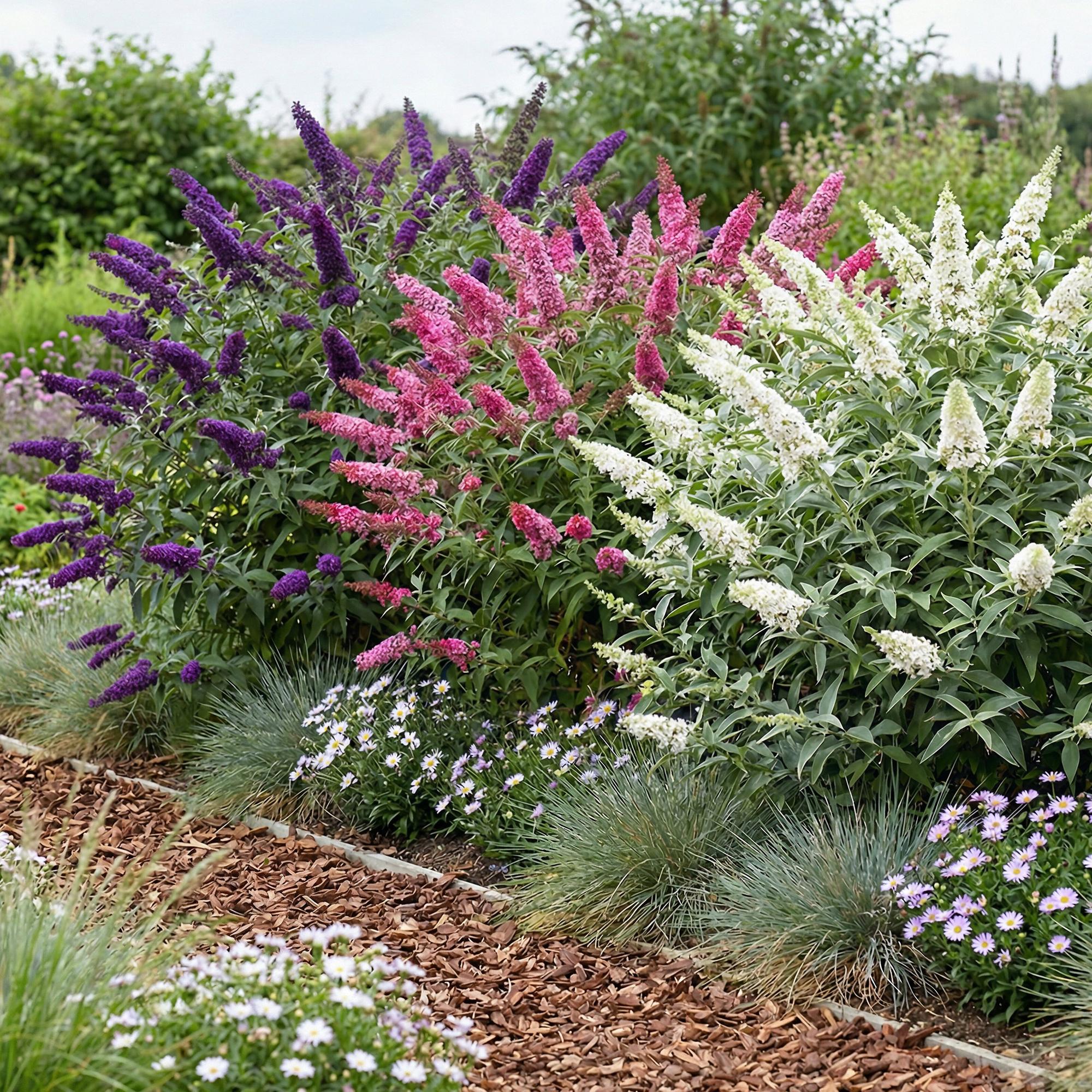 Tuinplant - Buddleja davidii Tricolour - Vlinderstruik - Winterhard - Blauw - Roze - Wit - 3 Planten - Pot 17cm - Hoogte 45cm