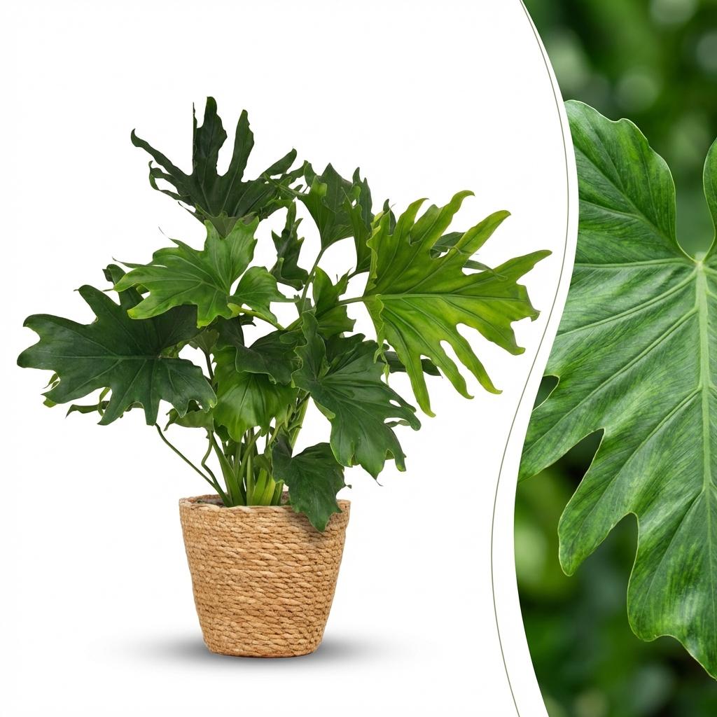 Kamerplant - Philodendron - Philodendron Lickety split - Groen - Weinig onderhoud - 1 Plant - met Mand - Pot 19cm - Hoogte 70cm
