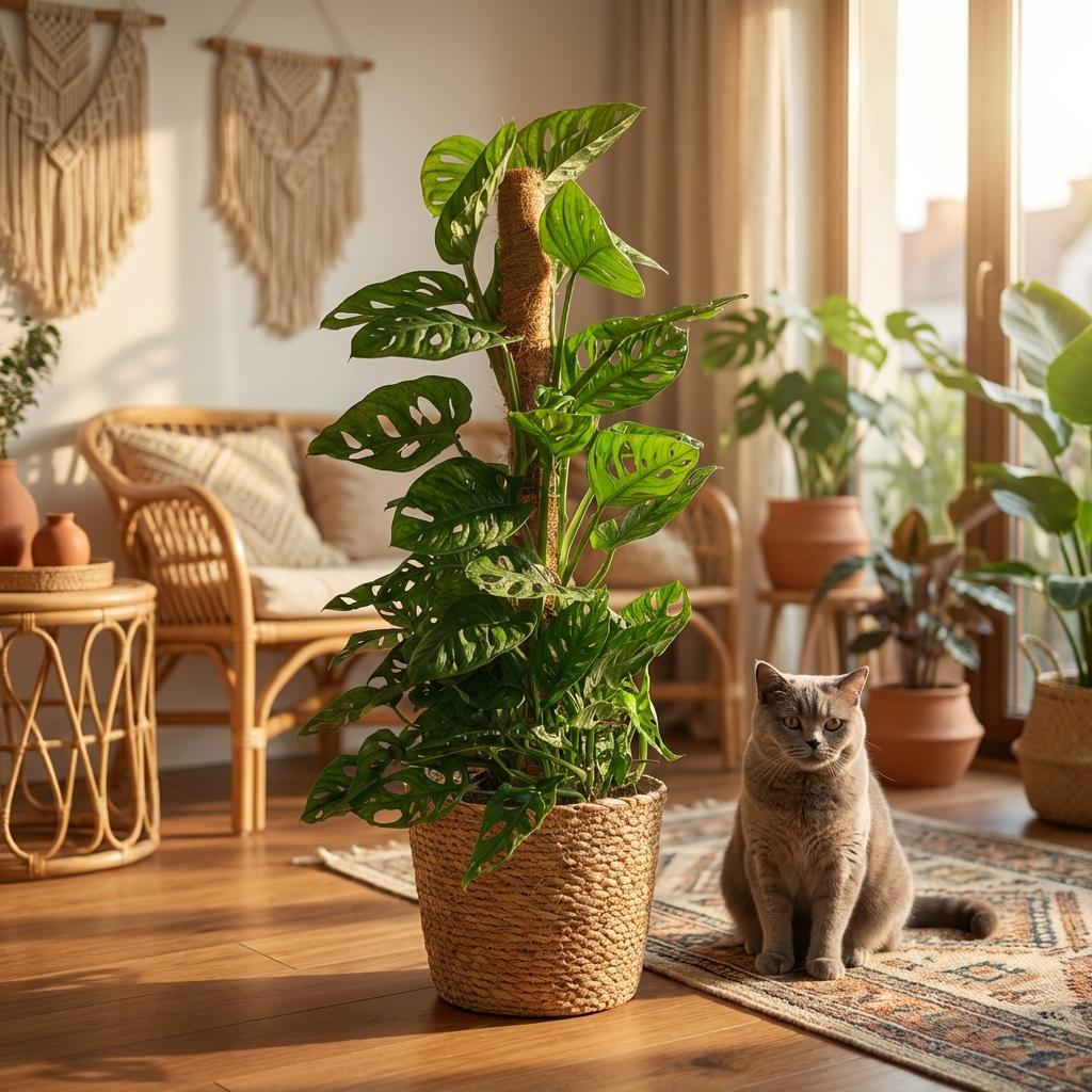 Kamerplant - Monkey Mask - Monstera Andansonii Mosstok - Groen - Weinig onderhoud - 1 Plant - met Mand - Pot 19cm - Hoogte 90cm