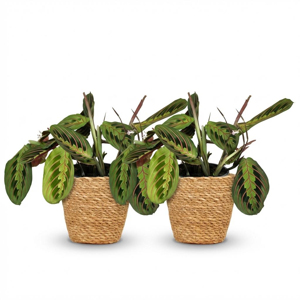 Kamerplant - Maranta Fascinator Tricolour - Gebedsplant - Huisdiervriendelijke Plant - Groen - 2 Planten - met Mand - Pot 12cm - Hoogte 25cm
