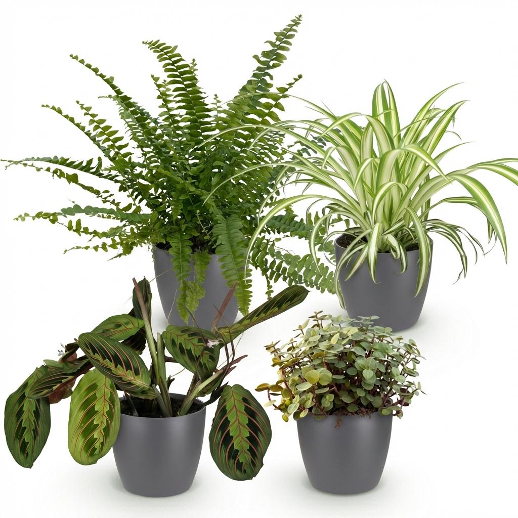 Kamerplant - Chlorophytum - Maranta - Calissia - Nephrolepsis - Mix van 4 - Huisdiervriendelijke Planten - Groen - 4 Planten - met Potter Grijs - Pot 12cm - Hoogte 25cm