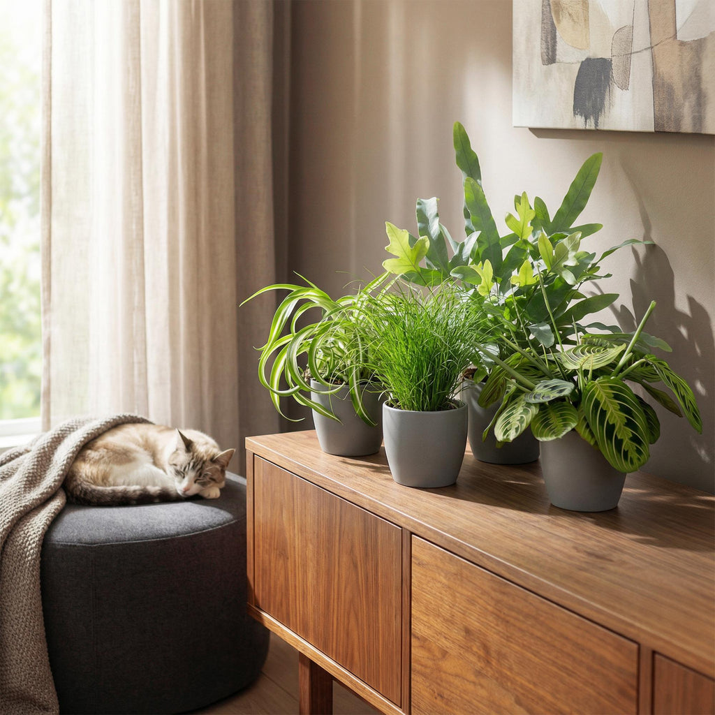 Kamerplant - Chlorophytum - Cyperus - Phlebodium - Marantha - Mix van 4 - Huisdiervriendelijke Planten - Groen - 4 Planten - Pot 12cm - Hoogte 25cm