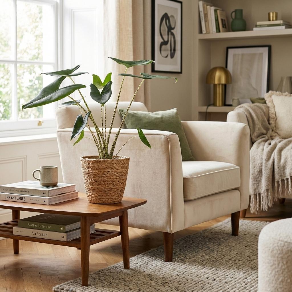 Kamerplant - Olifantsoor Zebrina - Alocasia Zebrina - Groen - Weinig onderhoud - 1 Plant - met Mand - Pot 21 cm - Hoogte 70 - 75cm