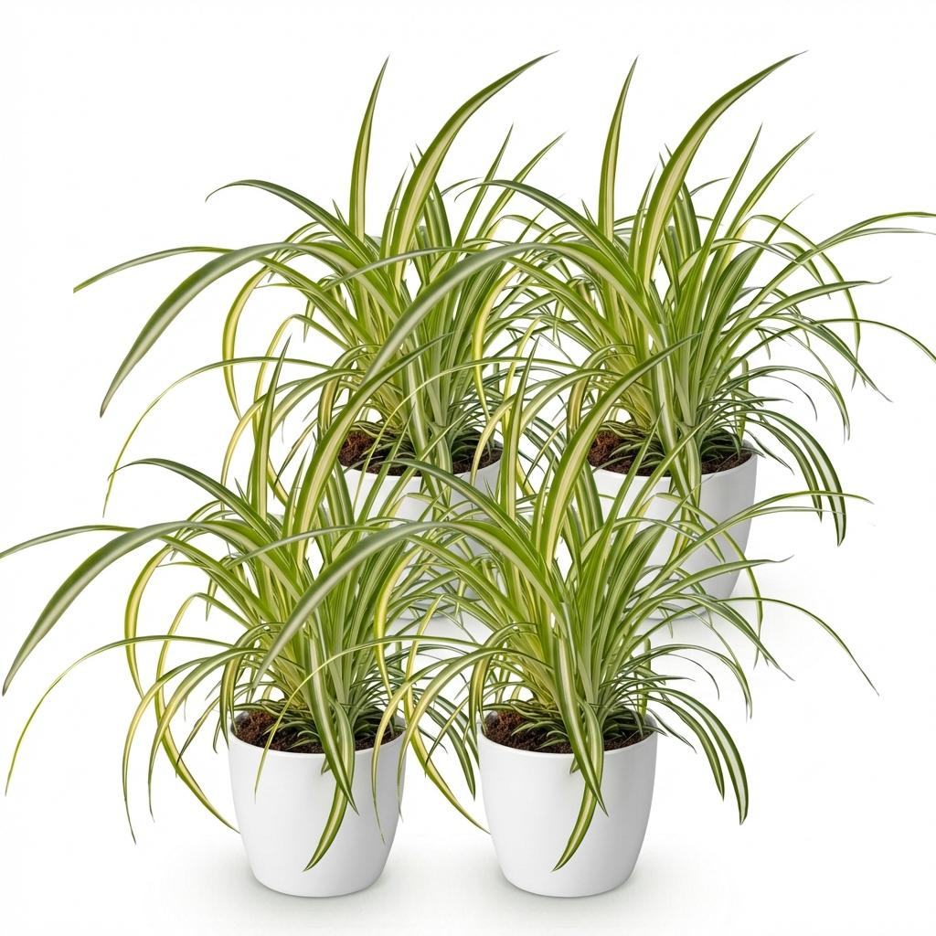 Kamerplant - Chlorophytum comosum Variegatum - Bonte Graslelie - Huisdiervriendelijke Plant - Groen - 4 Planten - met Potter Wit - Pot 12cm - Hoogte 20cm