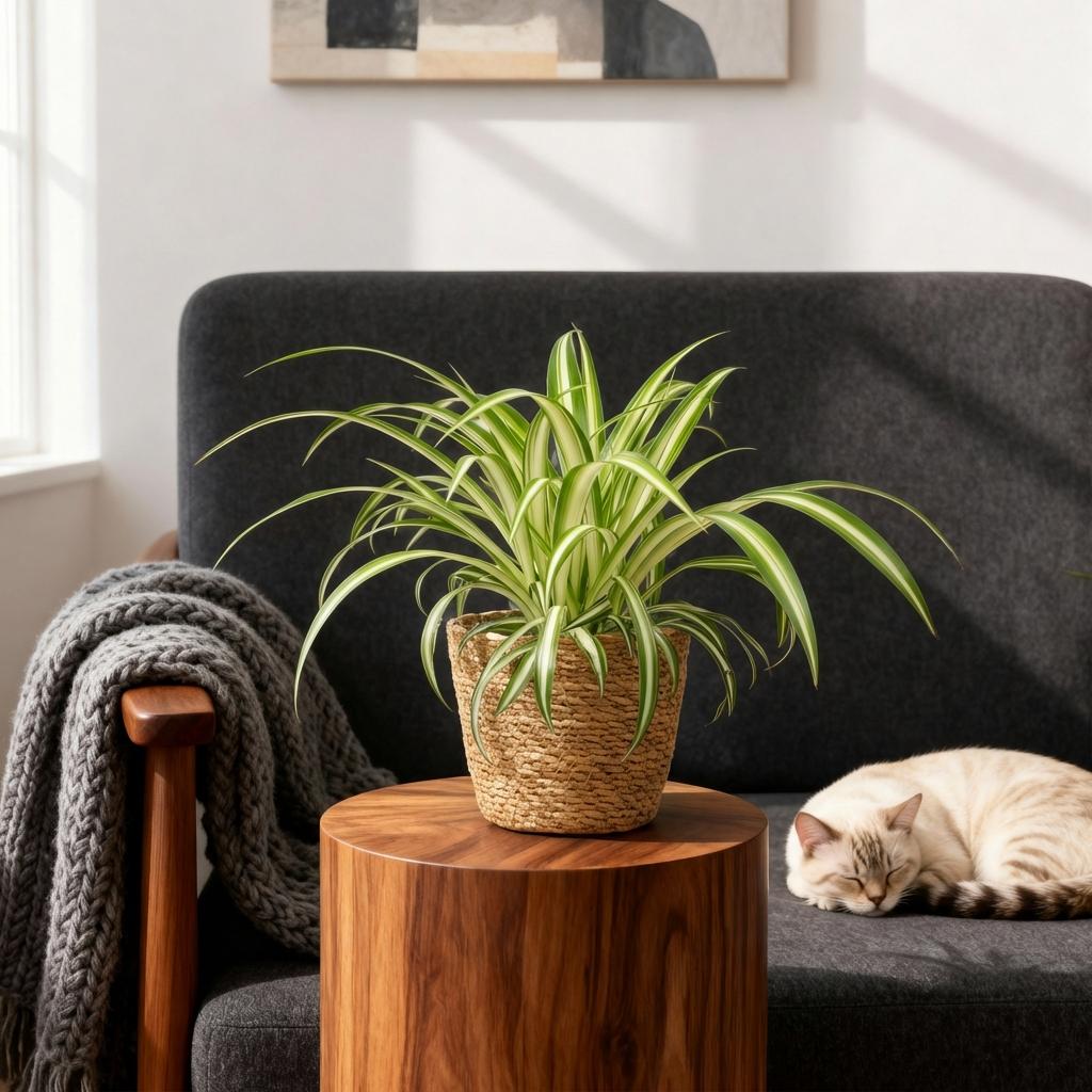 Kamerplant - Chlorophytum comosum Variegatum - Bonte Graslelie - Huisdiervriendelijke Plant - Groen - 1 Plant - met Mand - Pot 12cm - Hoogte 20cm