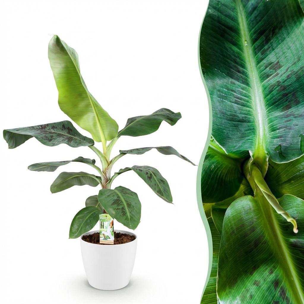 Kamerplanten - Musa acuminata Dwarf Cavendisch - Bananenplant - Weinig onderhoud - Groen - 1 Plant - met Potter Wit - Pot 21cm - Hoogte 70-75cm