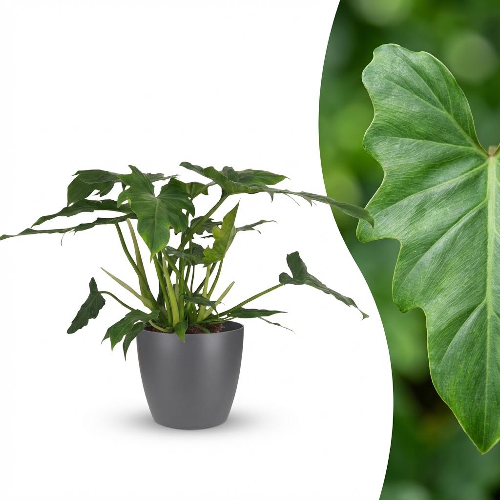 Kamerplant - Philodendron - Philodendron Lacerum - Groen - Weinig onderhoud - 1 Plant - met Potter Grijs - Pot 19cm - Hoogte 65cm