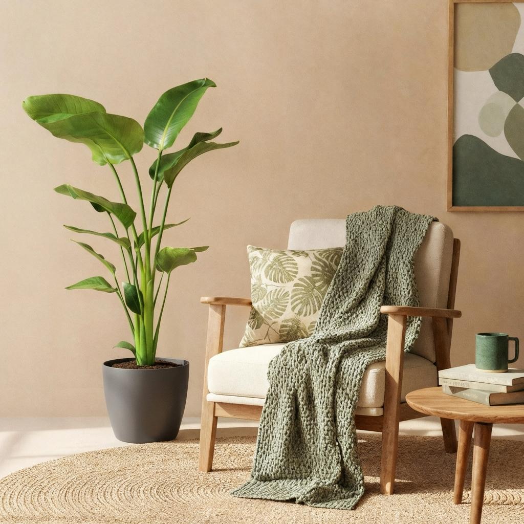 Kamerplanten - Strelitzia Nicolai - Paradijsvogelbloem - Weinig onderhoud - Groen - 1 Plant - met Potter Grijs - Pot 21cm - Hoogte 110-120cm