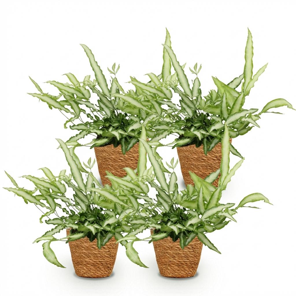 Kamerplant - Pteris cretica Albolineata - Lintvaren - Huisdiervriendelijke Plant - Groen - 4 Planten - met Mand - Pot 12cm - Hoogte 20cm