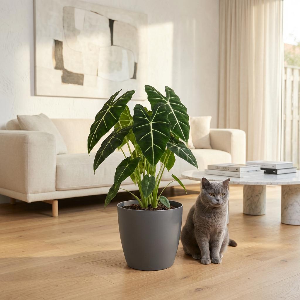 Kamerplant - Olifantsoor - Alocasia Frydek - Groen - Weinig onderhoud - 1 Plant - met Potter Grijs - Pot 19cm - Hoogte 60cm
