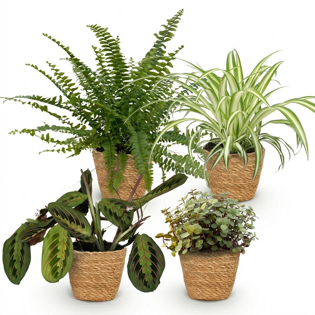 Kamerplant - Chlorophytum - Maranta - Calissia - Nephrolepsis - Mix van 4 - Huisdiervriendelijke Planten - Groen - 4 Planten - met Mand - Pot 12cm - Hoogte 25cm