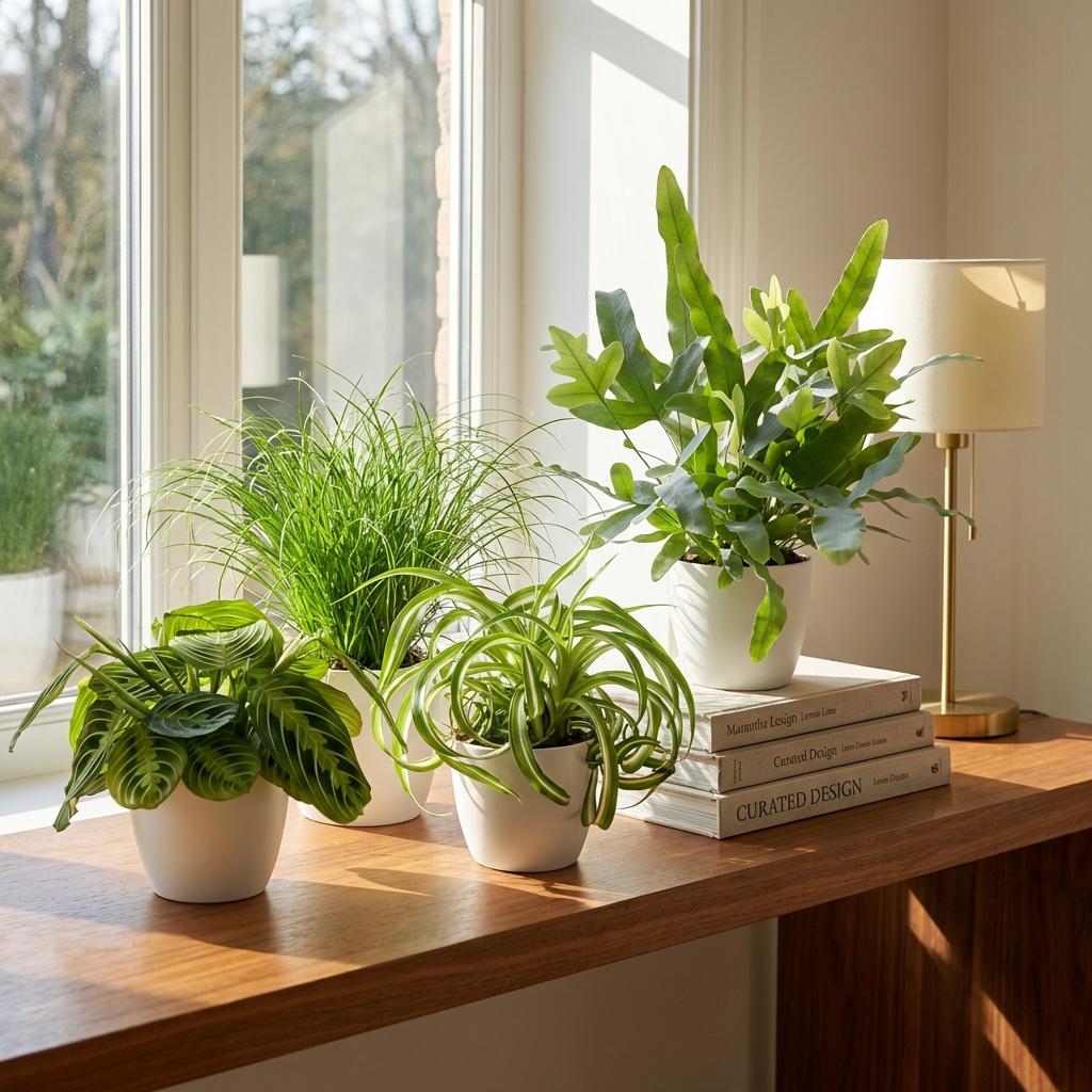 Kamerplant - Chlorophytum - Cyperus - Phlebodium - Marantha - Mix van 4 - Huisdiervriendelijke Planten - Groen - 4 Planten - met Potter Wit - Pot 12cm - Hoogte 25cm