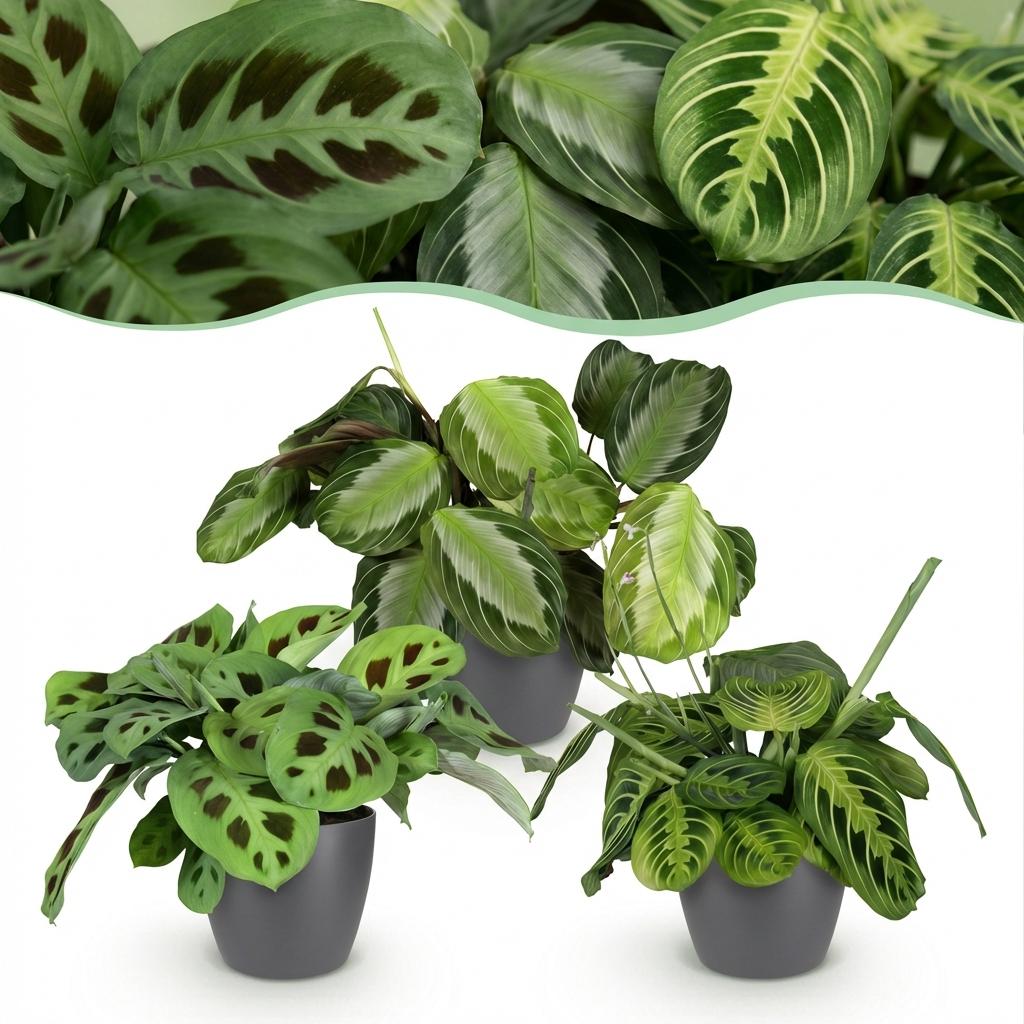 Kamerplant - Marantha Silverband, Marantha Lemon Lime Marantha Kerchoveana - Gebedsplant - Huisdiervriendelijke Plant - Groen - 3 Planten - met Potter Grijs - Pot 12cm - Hoogte 25cm