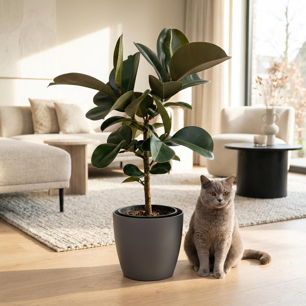 Kamerplant - Rubberplant - Ficus Elastica Cloe - Groen - Weinig onderhoud - 1 Plant - met Potter Grijs - Pot 19cm - Hoogte 65cm