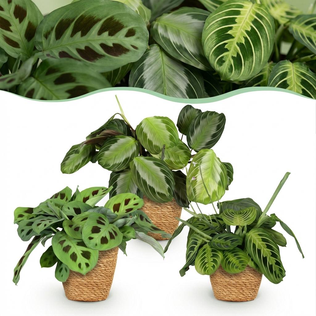 Kamerplant - Marantha Silverband, Marantha Lemon Lime Marantha Kerchoveana - Gebedsplant - Huisdiervriendelijke Plant - Groen - 3 Planten - met Mand - Pot 12cm - Hoogte 25cm