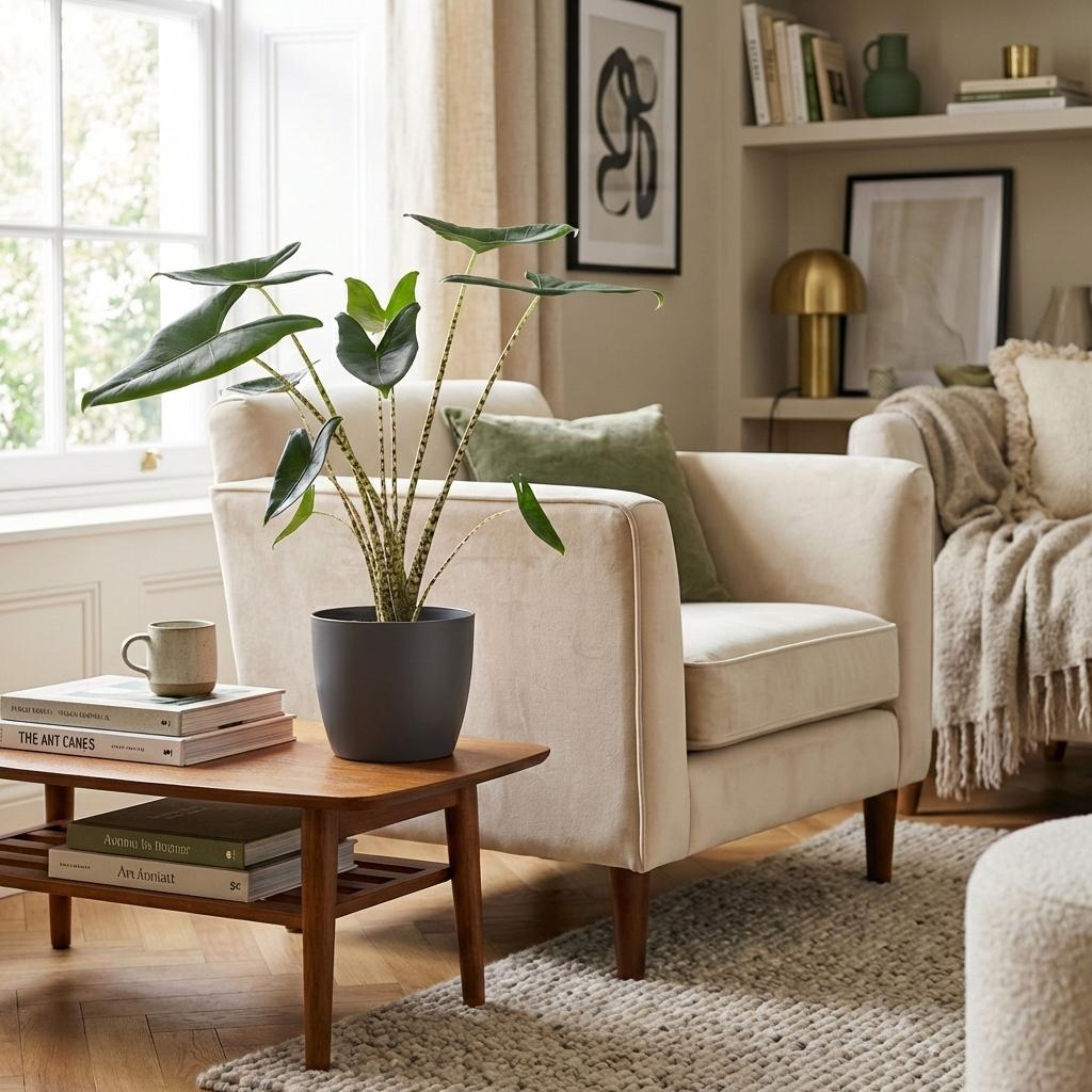 Kamerplant - Olifantsoor - Alocasia Zebrina - Groen - Weinig onderhoud - 1 Plant - met Potter Grijs - Pot 21 cm - Hoogte 70 - 75cm