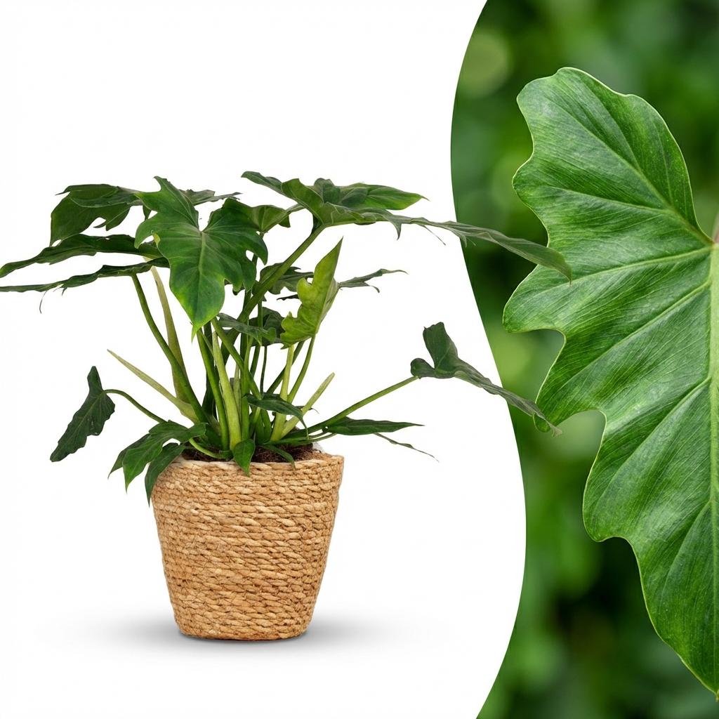 Kamerplant - Philodendron - Philodendron Lacerum - Groen - Weinig onderhoud - 1 Plant - met Mand - Pot 19cm - Hoogte 65cm