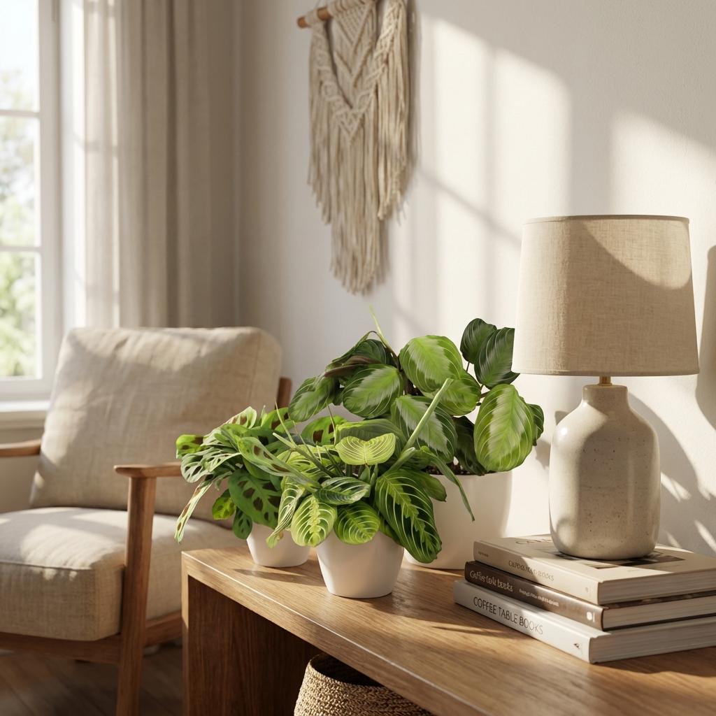 Kamerplant - Marantha Silverband, Marantha Lemon Lime Marantha Kerchoveana - Gebedsplant - Huisdiervriendelijke Plant - Groen - 3 Planten - met Potter Wit - Pot 12cm - Hoogte 25cm