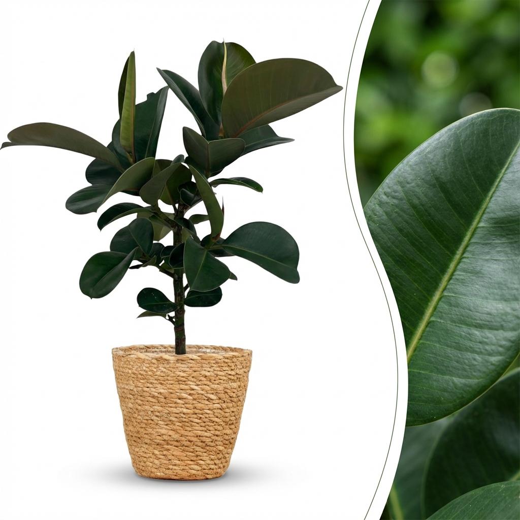 Kamerplant - Rubberplant - Ficus Elastica Cloe - Groen - Weinig onderhoud - 1 Plant - met Mand - Pot 19cm - Hoogte 65cm