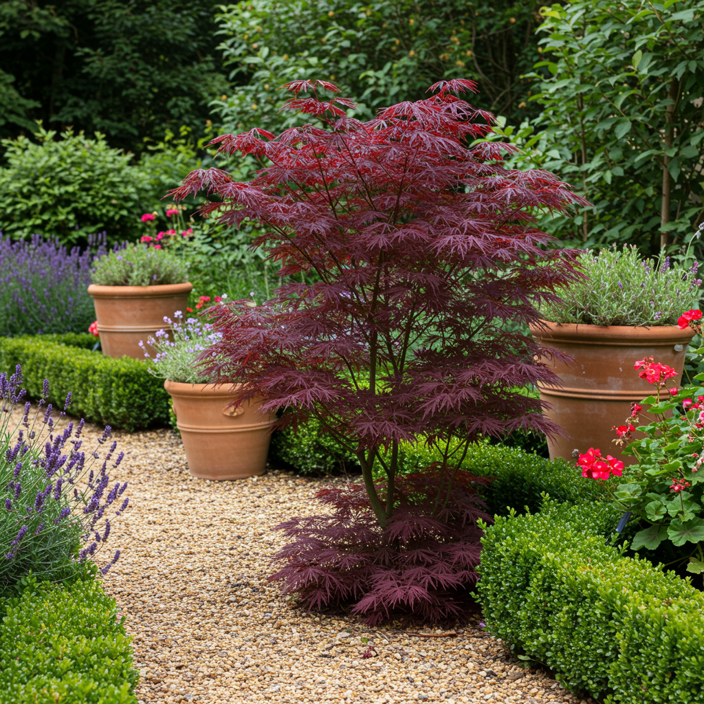 Terrasplant - Japanse Esdoorn - Acer palmatum Bloodgood - Rood - 1 Plant - Bladverliezend - Pot 19cm Hoogte 70cm