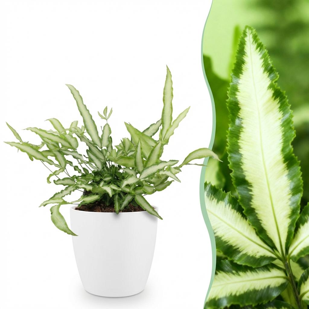 Kamerplant - Pteris cretica Albolineata - Lintvaren - Huisdiervriendelijke Plant - Groen - 1 Plant - met Potter Wit - Pot 12cm - Hoogte 20cm