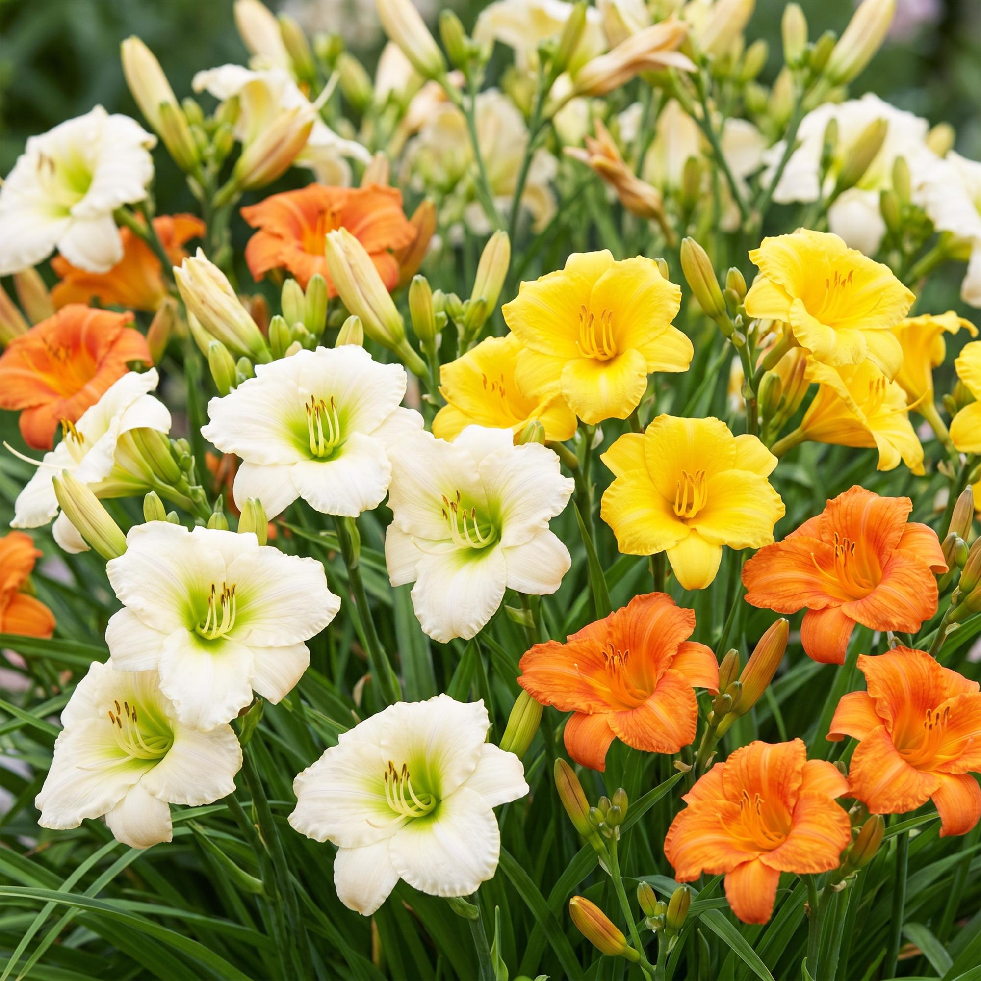 Vasteplant - Hemerocallis Tricolour - Daglelie - Bijen- en vlinderlokkers - Creme - Geel - Rood - 24 Planten - Pot 11cm - Hoogte 15-25cm