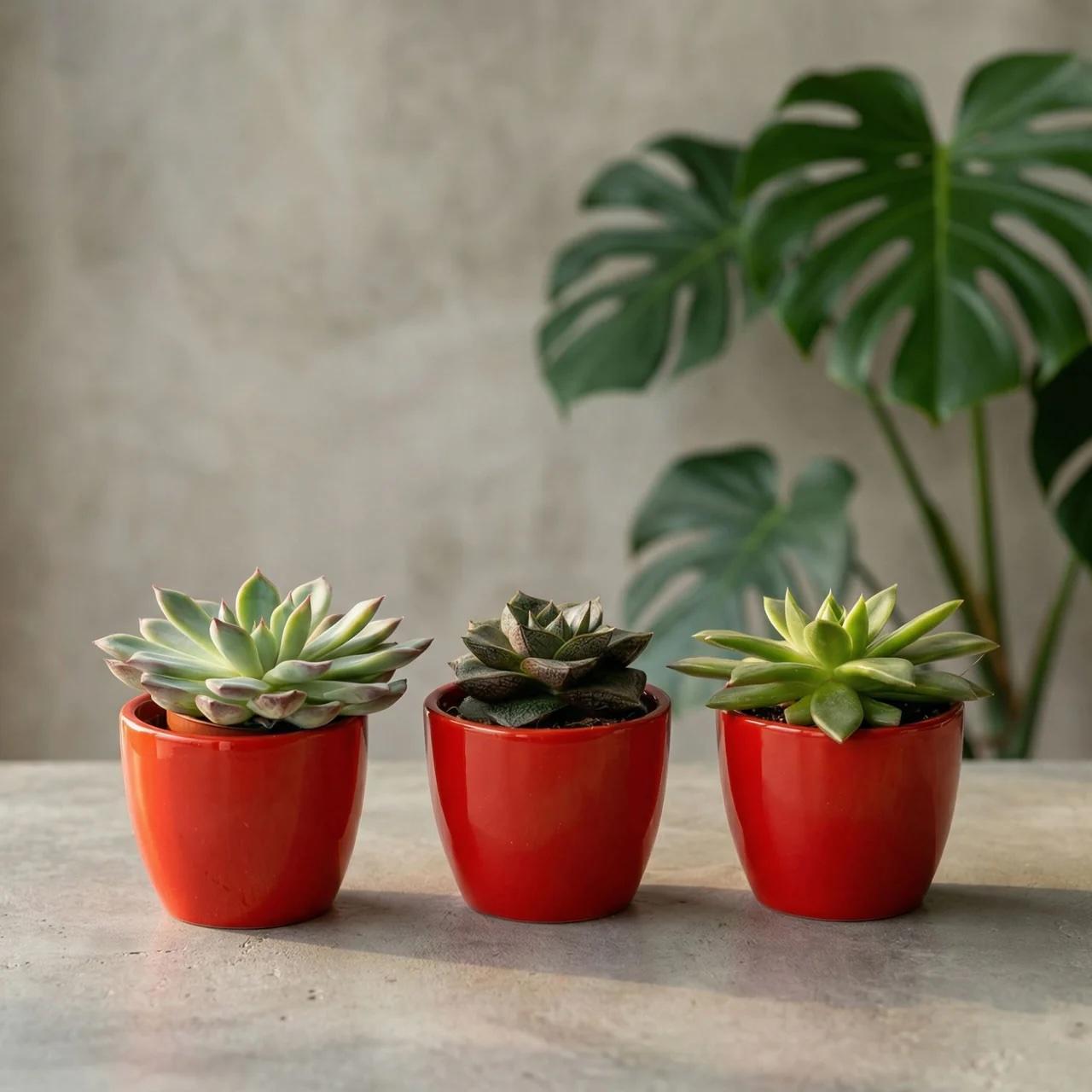 Succulenten set van 3 met rode mini pot - ↑ 8–12 cm