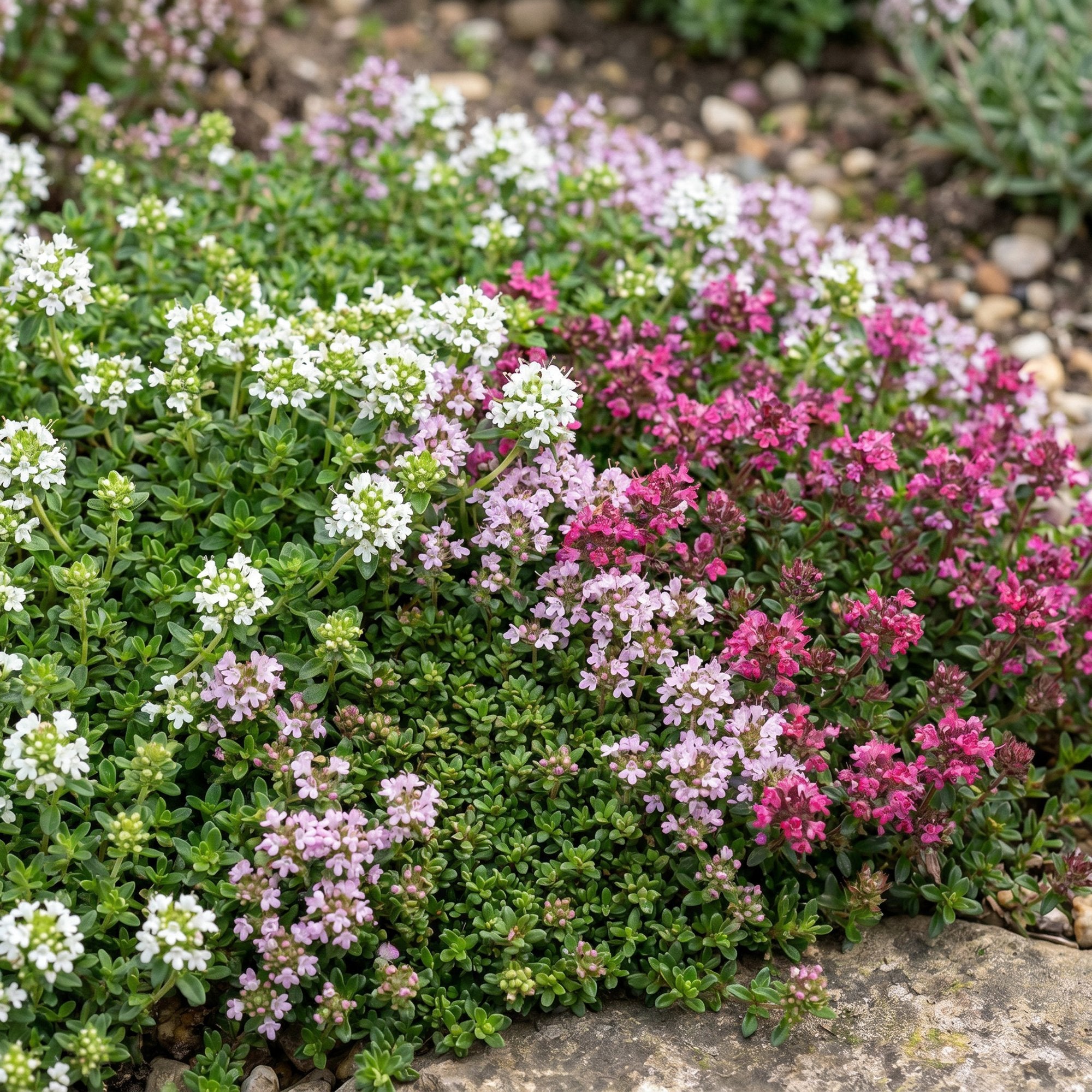 Vasteplant - Thymus Tricolour - Tym - Bodembedenkend - Roze - Rood - Wit - 24 Planten - Pot 11cm - Hoogte 15-25cm