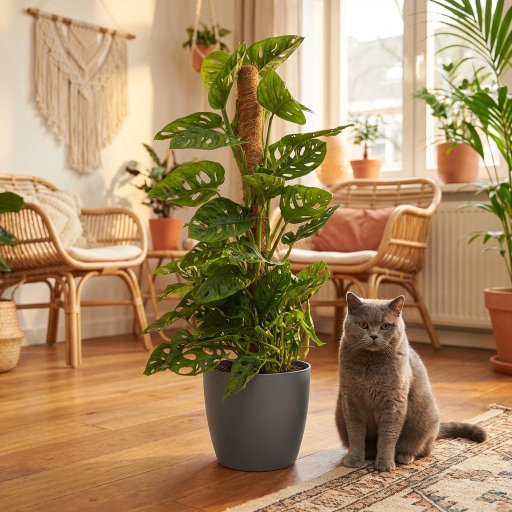 Kamerplant - Monkey Mask - Monstera Andansonii Mosstok - Groen - Weinig onderhoud - 1 Plant - met Potter Grijs - Pot 19cm - Hoogte 90cm