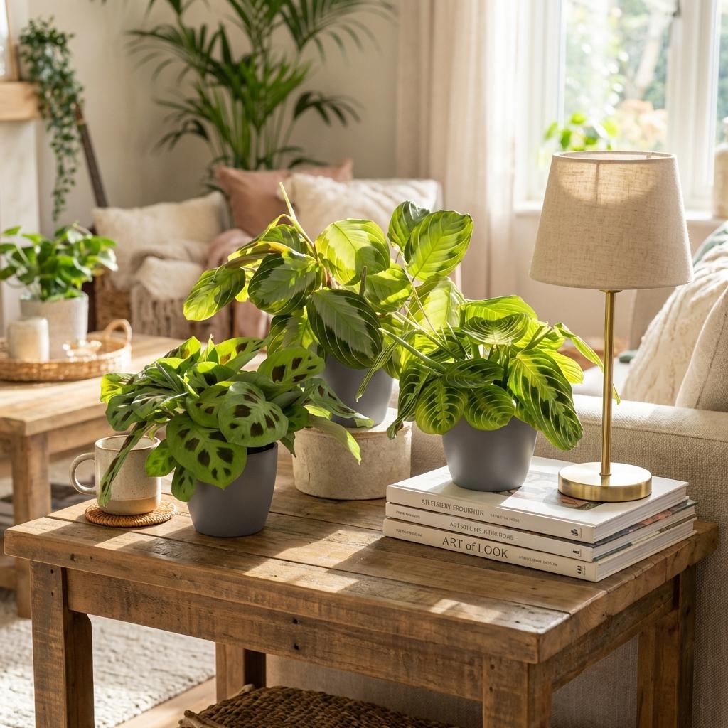 Kamerplant - Marantha Silverband, Marantha Lemon Lime Marantha Kerchoveana - Gebedsplant - Huisdiervriendelijke Plant - Groen - 3 Planten - met Potter Grijs - Pot 12cm - Hoogte 25cm