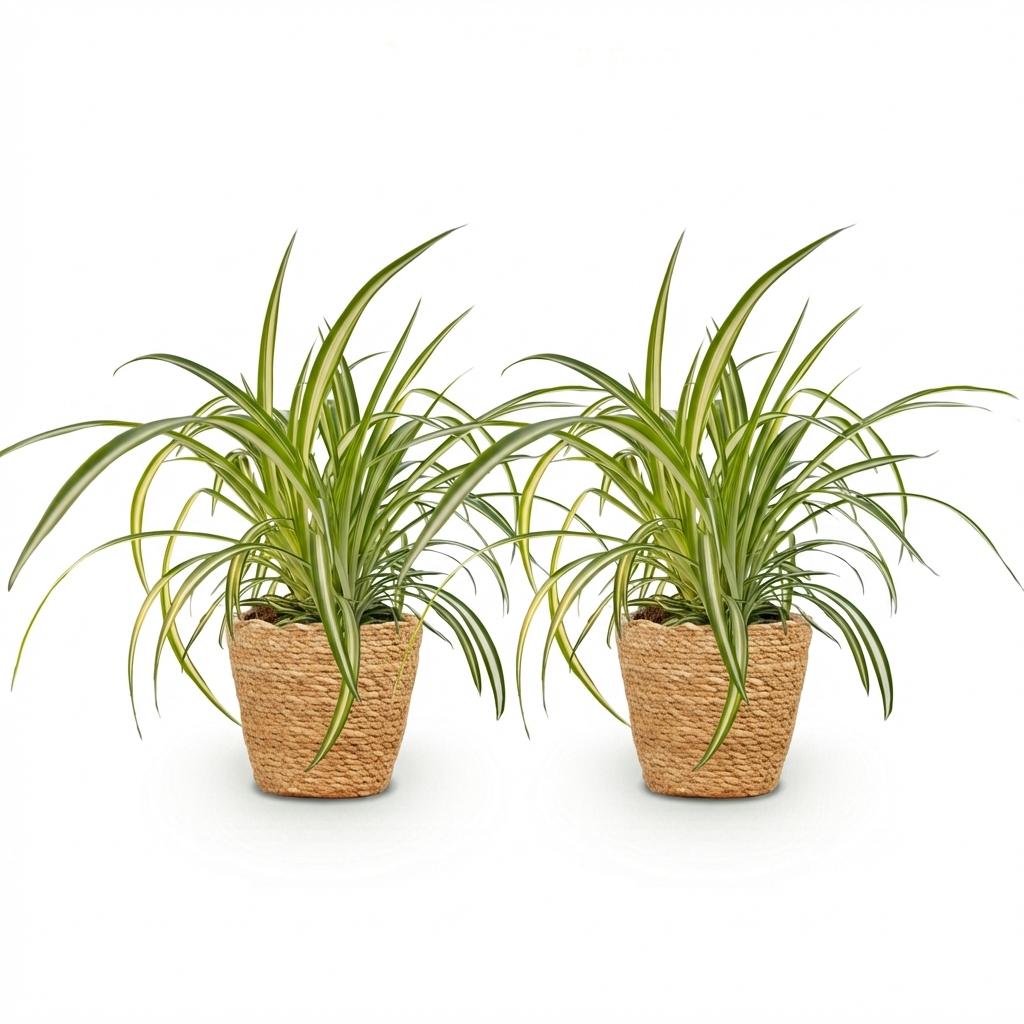 Kamerplant - Chlorophytum comosum Variegatum - Bonte Graslelie - Huisdiervriendelijke Plant - Groen - 2 Planten - met Mand - Pot 12cm - Hoogte 20cm